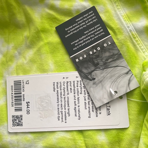 (B51) Lululemon All Yours Crop Tank *Tie Dye color MAR9 (lime green), Sz 12 NWT - Picture 10 of 14